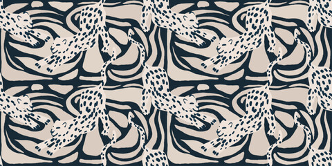 Abstract shapes with leopards print. Creative contemporary seamless pattern. Hand drawn unique print. - 723716008