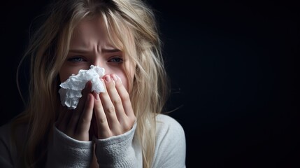 woman suffering from the flu, blowing her nose into a tissue. - obrazy, fototapety, plakaty