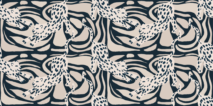Abstract shapes with leopards print. Creative contemporary seamless pattern. Hand drawn unique print.