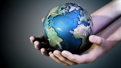 Hands holding a globe against dark background. 3D illustration