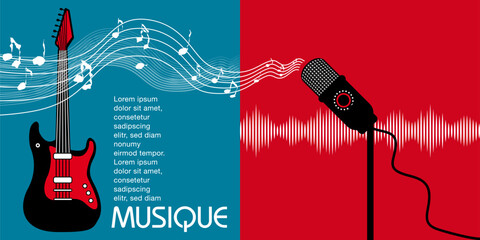 Double page sur le thème de la musique avec une guitare électrique, des notes, un micro et un diagramme musical - fond rouge et bleu.