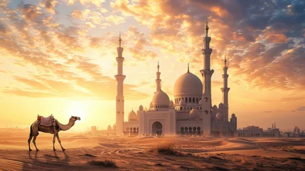 Poster Amazing mosque in a vast desert landscape at sunset, a camel resting nearby © boxstock production