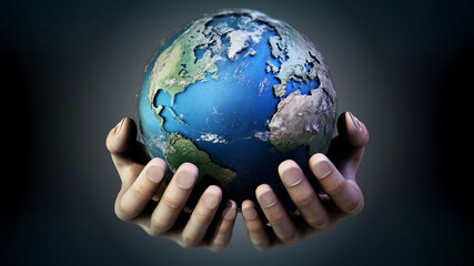 Hands holding a globe against dark background. 3D illustration