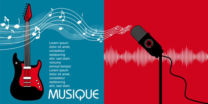 Double page sur le th&egrave;me de la musique avec une guitare &eacute;lectrique, des notes, un micro et un diagramme musical - fond rouge et bleu.