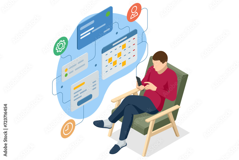 Poster isometric business project management system. project manager updating tasks and milestones progress