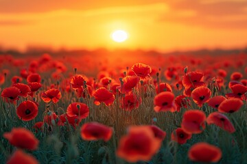 Sunset Bloom: A Poppy Field's Glorious Sunset Generative AI