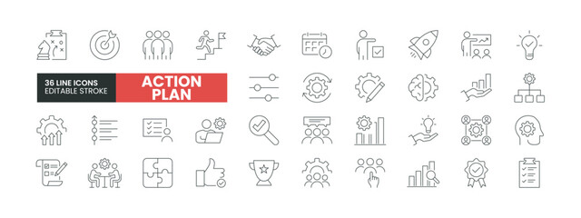 Set of 36 Action Plan line icons set. Action Plan outline icons with editable stroke collection. Includes Resources, Objectives, Strategy, Teamwork, Schedule, and More. - obrazy, fototapety, plakaty