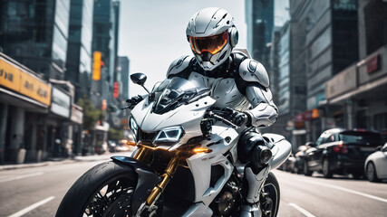 Cyborg on a white motorcycle in the city