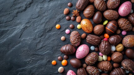 chocolate easter eggs, candies on concrete background, generated with AI