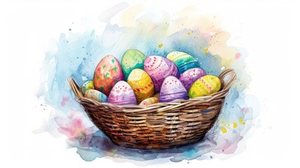 Fototapeta na wymiar Cute watercolour of a basket full of chocolate easter eggs, generated with AI