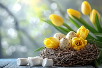 Fototapeta na wymiar Easter festive spring table setting decoration, eggs in nest, fresh yellow tulips, generated with AI