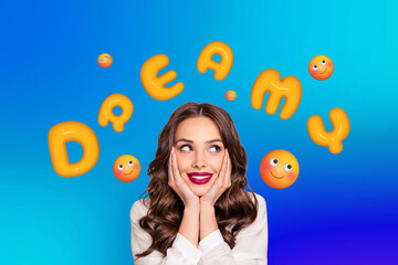 Collage colorful image picture of cheerful lady feeling dreamy look on 3d flaying emoticon