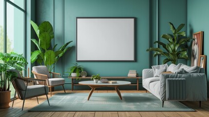 mockup of an empty and blank frame in a minimalist living room, generated with AI