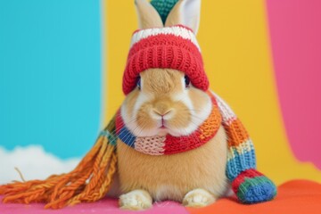 portrait of a bunny wearing knitted hat, scarf and mittens in studio, colorful background, generated with AI