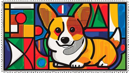 Postage Stamp colourful with intricate border design and corgi illustration, generated with AI