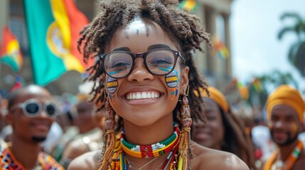 Colorful Celebration: Woman with Glasses and African Painted Designs Smiling for the Camera Generative AI