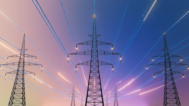 Power Transmission Lines with 3D Digital Visualization of Electricity. Blue Skay and Clean Unpolluted Air for the Future. Concept of Renewable Green Clean Energy Leading to Bright Future and Optimism