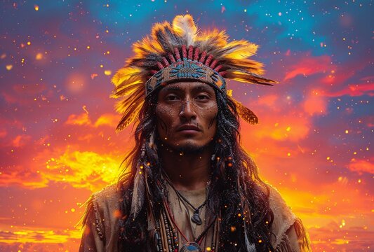 Native American Warrior in Full Regalia Generative AI