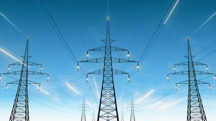 Power Transmission Lines with 3D Digital Visualization of Electricity. Fantastiuc Visuals of Night Sky Full of Bright Stars. Concept of Renewable Green Energy Powering Human Progress Everywhere