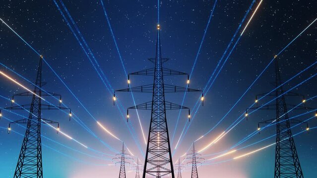 Power Transmission Lines with 3D Digital Visualization of Electricity. Fantastiuc Visuals of Night Sky Full of Bright Stars. Concept of Renewable Green Energy Powering Human Progress Everywhere