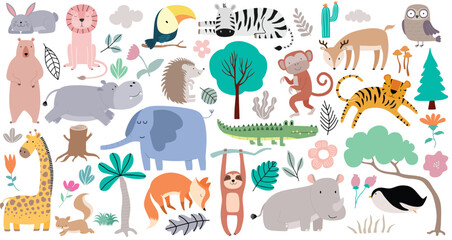 Wild forest animals in trendy cute hand drawn style isolated on background. © dwi