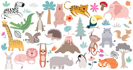 Wild forest animals in trendy cute hand drawn style isolated on background. - obrazy, fototapety, plakaty