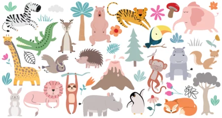 Fototapete Elefant Wild forest animals in trendy cute hand drawn style isolated on background.