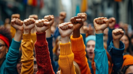 Rise Up: A Crowd of People Raising Their Fists in Solidarity Generative AI