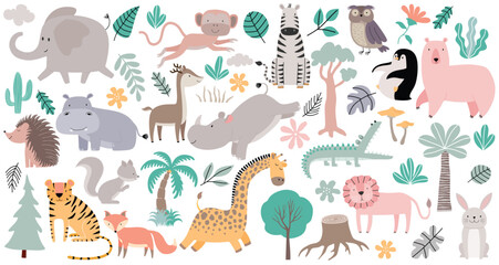 Wild forest animals in trendy cute hand drawn style isolated on background. - obrazy, fototapety, plakaty