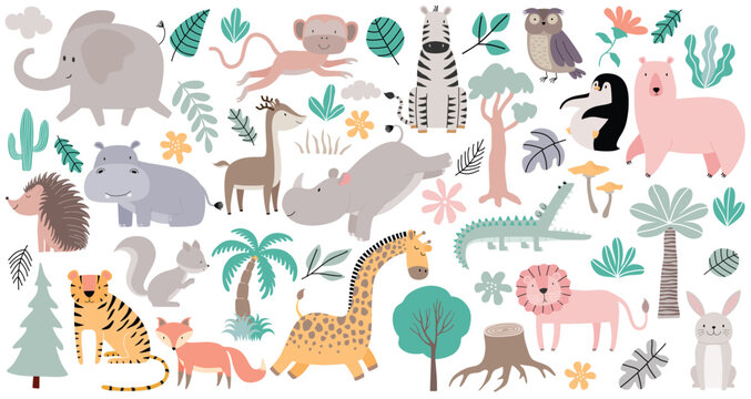 Wild forest animals in trendy cute hand drawn style isolated on background.