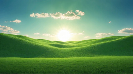 Green meadow on a hilly landscape with bright sun.