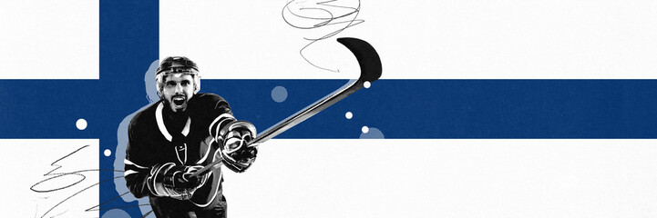 Competitive young man, hockey player standing in uniform with stick, representing team of Finland. Concept of sport, championship, tournament, match. Poster for sport event. Grainy effect