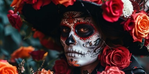 Dia de los Muertos-Inspired Man with Red and Orange Roses, Frame Template for Copy Space