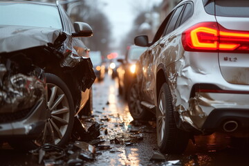 Close up car crash dangerous accident on the road. car collision, Generated AI. - obrazy, fototapety, plakaty
