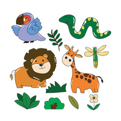 Fototapeta premium set of adorable animal forest isolated on white background. lion. giraffe, owl, parrot, snake