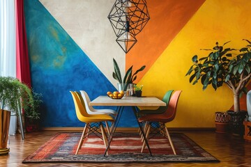 Vibrant Dining: Modern Interior with Colorful Wall and Contemporary Table