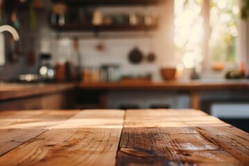 Naklejka na ściany i meble Blurred Kitchen Countertop with Retro Wood Tabletop Background