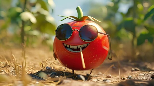 A trendy tomato strutting around the picnic with aviator sungles and a toothpick in its mouth looking like the coolest veggie around.
