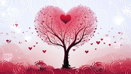 Red heart shaped tree in the middle of a field, cute and dreamy, feminine, romance, Valentines day concept