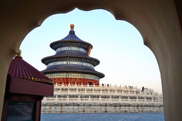 The arched entrance in front of the Tiantan Sky Temple in the evening.