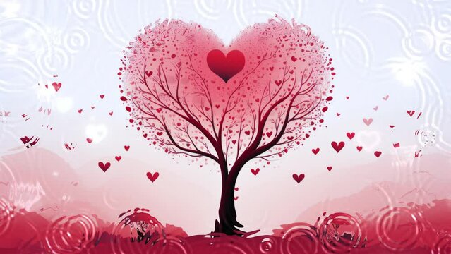 Red heart shaped tree in the middle of a field, cute and dreamy, feminine, romance, Valentines day concept
