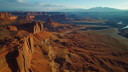 Aerial perspective of a meandering river flowing through a vast canyon landscape with dramatic rock formations at sunset.