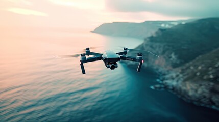 Fototapeta premium A high-tech drone hovers above breathtaking coastal cliffs, capturing the serene beauty of the sunset over the ocean.