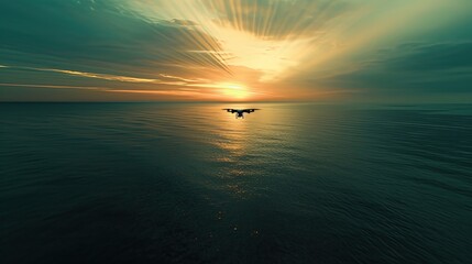 A solitary drone in flight against a captivating sunset, with rays of light piercing through the clouds over a serene ocean.