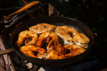 Pan frying or home cooking fish on the fire.