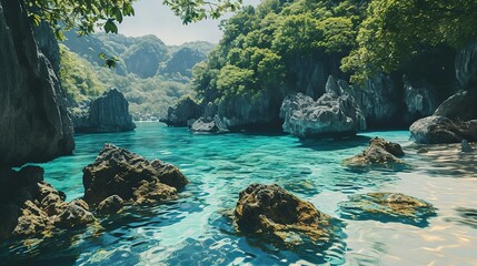 Obraz premium Idyllic mountainous lagoon with crystal clear turquoise waters, surrounded by lush foliage and dramatic rock formations.