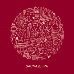 Sauna, SPA and bath accessories. Sketch of items in doodle style. Decorated In the shape of a circle with a place for text. On redbackground. Vector illustration.