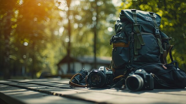 A sturdy travel backpack paired with professional cameras, set against a sunlit forest, signifies the start of a thrilling outdoor photography journey.