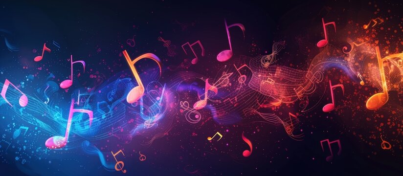 Colorful Music notes key symbol on fantasy lines of melody on abstract dark background. Generated AI