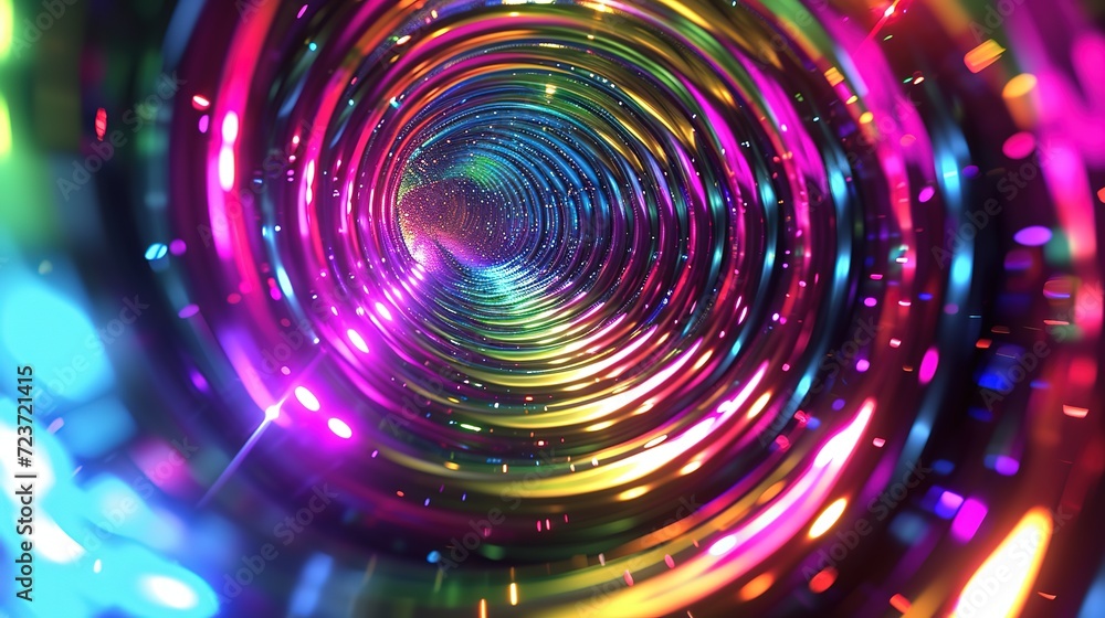 Poster this image captures a mesmerizing neon spiral tunnel glittering with a spectrum of vivid colors, cre